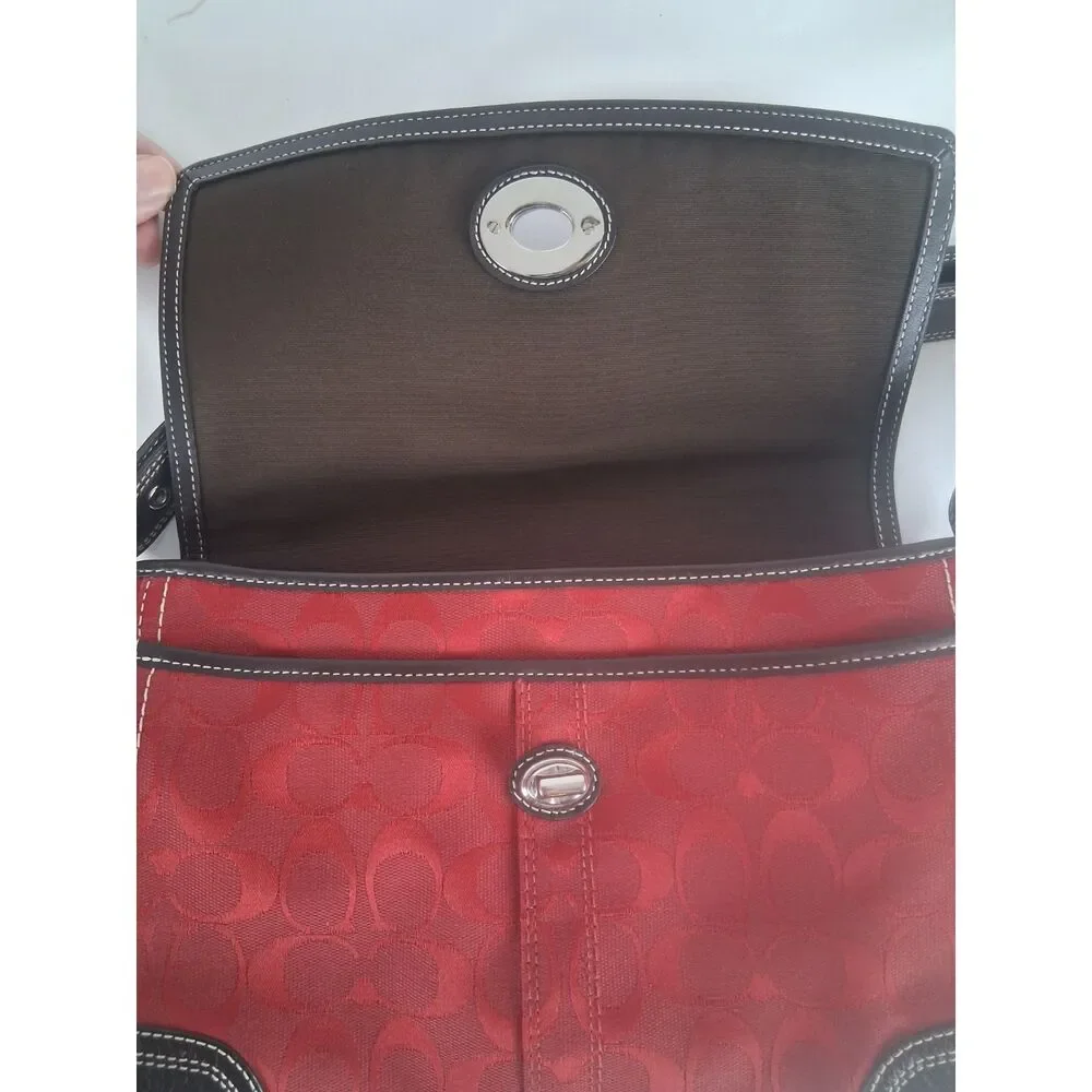 Coach Red Signature Jacquard Flap Crossbody Shoulder Bag Brown Leather F13947